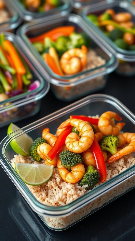 Meal prep containers filled with shrimp stir-fry, brown rice, and vegetables, garnished with lime wedges.